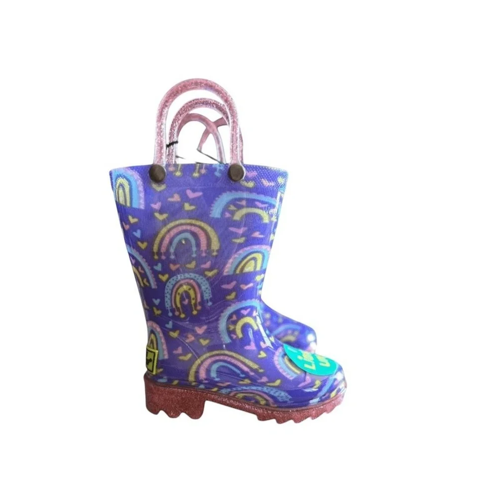 NWT Western Chief Toddler Girls‎ Abby Rainbow Hearts Glitter Light-Up Rain Boots